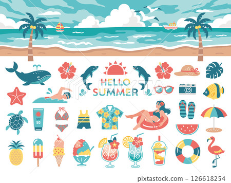 夏季旅遊和海灘圖標集 126618254