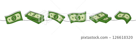 Set of dollar bills one line colored continuous drawing. Money investment and finance. Vector illustration. 126618320