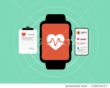 Smartwatch health monitoring system with heart rate tracker, medical report clipboard and mobile health app dashboard. Smart watch fitness tracker isolated flat design vector illustration 126618327