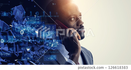 一名男子用智慧型手機和數位科技交談的拼貼畫 126618383