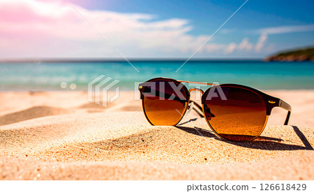 Sandy beach and sunglasses 126618429