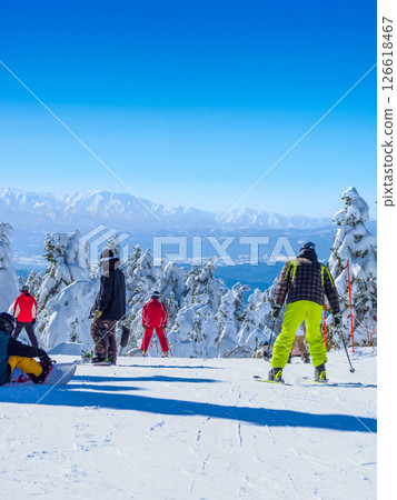 Skiers enjoying the view of the frost-covered fields on a clear day (Yamagata Prefecture, Zao Onsen Ski Resort, frost-covered fields course) Skiers enjoying the view of the frost-covered fields on a clear day (Yamagata Prefecture, Zao Onsen Ski Resort, frost-covered fields course) 126618467