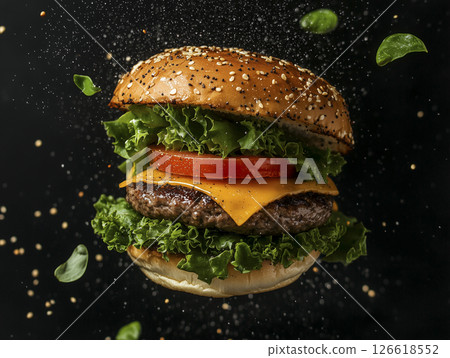 Hamburger with lettuce and tomato on top 126618552