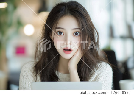 Woman with long brown hair and a white shirt is looking at the camera 126618553
