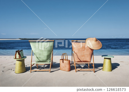 Two beach chairs are on the sand with a green 126618573