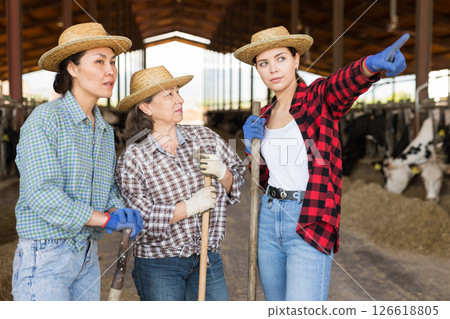 Conversation of farmers of different nationalities in cowshed Conversation of farmers of different nationalities in cowshed 126618805
