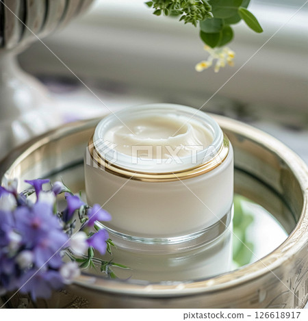 Cosmetic cream in a glass jar. Skin care concept. Background for beauty products 126618917