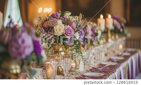 Elegant indoor wedding dining table with floral arrangements in shades of purple, lavender and pink, set in a grand room with mirrors and chandeliers. 126618919