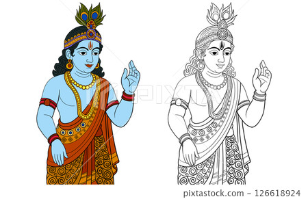 A detailed illustration of a Hindu deity in traditional attire, featuring both colored and black-and-white versions, showcasing intricate design and cultural heritage for art collections 126618924