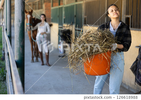 Asian young female worker walks go through corridor of stable, carrying basket with hay Asian young female worker walks go through corridor of stable, carrying basket with hay 126618988