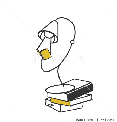 用於在一堆書上閱讀的檯燈的線條繪圖插圖 用於在一堆書上閱讀的檯燈的線條繪圖插圖 126619064