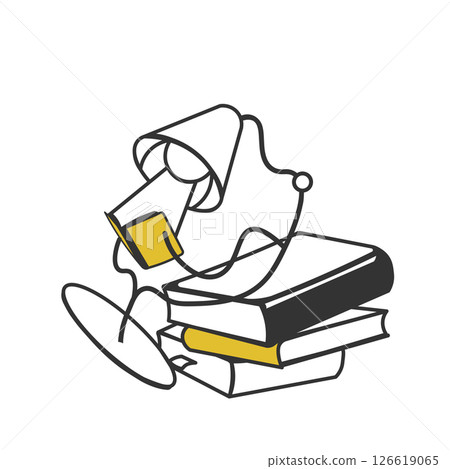 Line drawing illustration of a desk lamp with a person sitting on top of a pile of books and reading Line drawing illustration of a desk lamp with a person sitting on top of a pile of books and reading 126619065