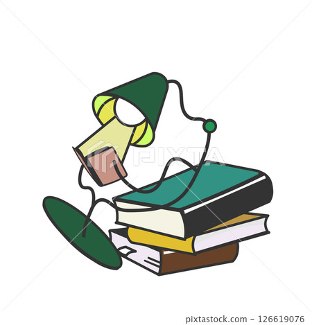 彩色插圖:一盞檯燈,上面有一個人坐在書上閱讀 彩色插圖:一盞檯燈,上面有一個人坐在書上閱讀 126619076