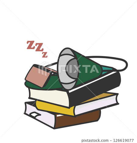 Illustration of a desk lamp sleeping with the lights off on top of a pile of books 126619077