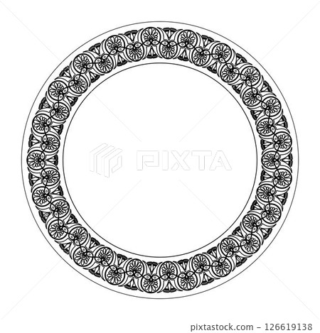 Round frame for design with Greek key, floral meander. Egyptian, Assyrian, Greek motif circular frame. Greece, ancient Rome. Circle european border. Template for textile, engraving, forging, embroider Round frame for design with Greek key, floral meander. Egyptian, Assyrian, Greek motif circular frame. Greece, ancient Rome. Circle european border. Template for textile, engraving, forging, embroider 126619138