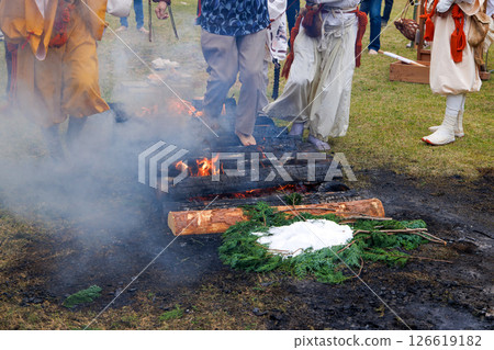 Women participating in a fire walking ceremony 126619182