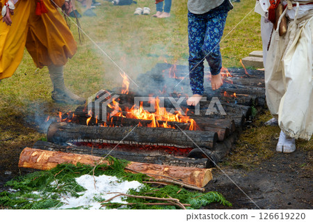 Women participating in a fire walking ceremony 126619220