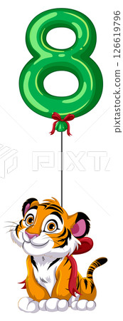 Playful Tiger with Green Balloon Number Eight 126619796