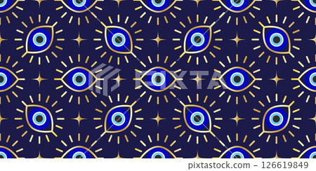 Evil eye seamless pattern. Turkish vector background with blue beads and magic nazar. Mystic Greek amulet is the symbol of protection and luck. Arabic and Mediterranean ethnic wallpaper Evil eye seamless pattern. Turkish vector background with blue beads and magic nazar. Mystic Greek amulet is the symbol of protection and luck. Arabic and Mediterranean ethnic wallpaper 126619849