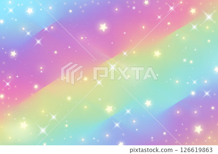 Rainbow fantasy background. Holographic illustration in pastel colors. Cute cartoon girly background. Bright multicolored sky with stars. Vector. Rainbow fantasy background. Holographic illustration in pastel colors. Cute cartoon girly background. Bright multicolored sky with stars. Vector. 126619863