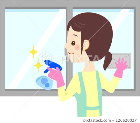 一位女士清潔窗戶的插圖 126620027