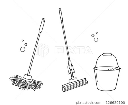 Cleaning bucket and floor cleaning mop hand drawn in doodle style. Vector line art illustration. 126620100