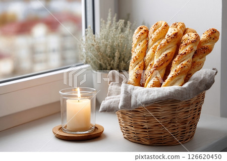 tempting breadstick in the cozy corner on a white background, in a clean food photography style tempting breadstick in the cozy corner on a white background, in a clean food photography style 126620450