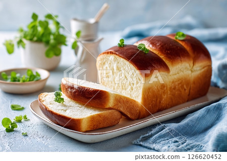 tempting brioche in the sunny corner on a cream background, in a clean food photography style 126620452