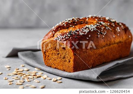 tempting brown bread in the minimalist corner on a light gray background 126620454
