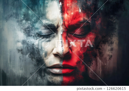 Abstract illustration of a woman's face split into contrasting colors, symbolizing duality and emotional conflict in a surreal artistic representation Abstract illustration of a woman's face split into contrasting colors, symbolizing duality and emotional conflict in a surreal artistic representation 126620615