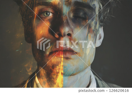 Portrait of a young man with a split face design, showcasing vibrant colors and textures, representing duality and emotional depth in visual storytelling 126620616
