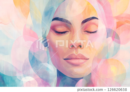 Colorful Abstract Portrait of Serene Woman with Closed Eyes Representing Inner Peace and Self-Acceptance 126620638