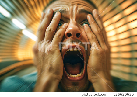 Distorted Close-Up of Man Screaming in Terror with Hands on Face, Representing the Intensity of a Panic Attack 126620639