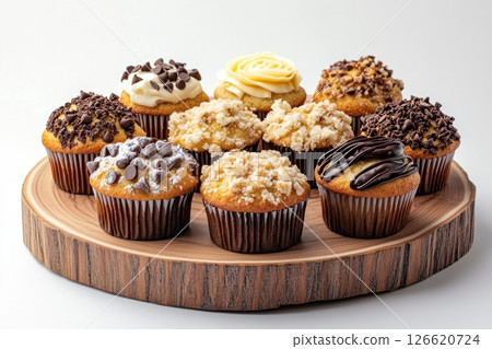 Assorted muffins with various toppings like chocolate chips, frosting, and crumble, arranged on a wooden tray. Perfect for bakery ads, dessert menus, food blogs, or promotional sweet-themed content 126620724