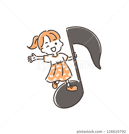 A girl riding on a musical note and waving her hand A girl riding on a musical note and waving her hand 126620792