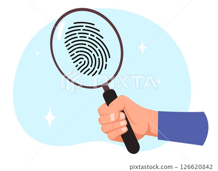 Hand holds magnifying glass and examines human fingerprint. Police investigation. Detective arm. Evidence find. Finger dactyloscopy verification. Murder identification. Vector concept Hand holds magnifying glass and examines human fingerprint. Police investigation. Detective arm. Evidence find. Finger dactyloscopy verification. Murder identification. Vector concept 126620842