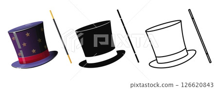 Hat and magic wand. Magician logo. Cylinder cap with wizard stick. Line and silhouette headwear. Illusionist circus performance. Conjuror tricks accessory. Vector witchcraft icons set 126620843