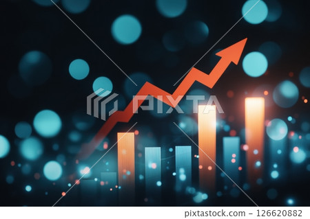 Red arrow rising on digital bar chart with blurred blue bokeh lights in background. Concept of economic growth, finance, analytics, success and positive trend in data statistics. Copy space. Banner Red arrow rising on digital bar chart with blurred blue bokeh lights in background. Concept of economic growth, finance, analytics, success and positive trend in data statistics. Copy space. Banner 126620882