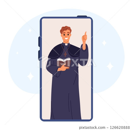 Male priest giving online sermon on smartphone screen. Christianity preacher. Mobile application for web preaching. Internet missionary. Christian religion. God worship. Vector concept 126620888