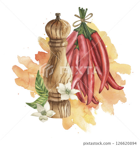 Watercolor illustration of a wooden mill for spices with red chili pepper, green leaves and white flowers on a yellow, orange background of spray. For design menu, kitchen decor or culinary design Watercolor illustration of a wooden mill for spices with red chili pepper, green leaves and white flowers on a yellow, orange background of spray. For design menu, kitchen decor or culinary design 126620894