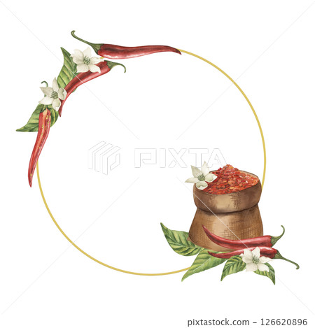 A round frame with red chili pepper, green leaves, white, a bag full of ground pepper. The watercolor illustration is drawn manually, for a label of hot food, a recipe for cooking, a spicy kitchen 126620896