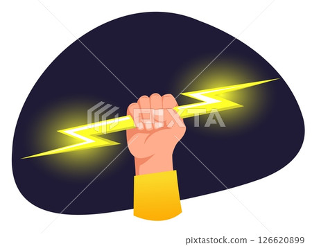 Mans hand holds yellow electric lightning. Electricity power. Powerful arm with thunderbolt. Electrician fist gesture. Zeus or Jupiter thunderstorm. Glow thunder light. Vector concept Mans hand holds yellow electric lightning. Electricity power. Powerful arm with thunderbolt. Electrician fist gesture. Zeus or Jupiter thunderstorm. Glow thunder light. Vector concept 126620899