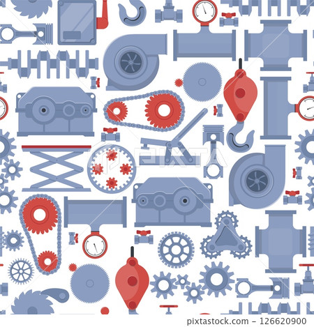 Mechanical mechanisms seamless pattern. Engineering equipment. Engine chains and gears. Industrial fans. Crane hooks. Repeated print. Steel pipes with pump and valves. Vector background 126620900
