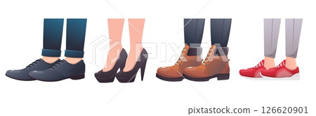 Mens and womens feet in boots, elegant shoes and sneakers. Casual clothing. Leather footgear. Fashionable slippers. Stylish outfit wear. Female or male legs. Vector trendy footwear set 126620901