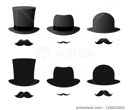Mens hats and mustaches. Gentleman icon. Classic moustache and cylinder cap. Stylish accessory. Face disguise. Old bowler. Detective costume. Male beards. Vector black silhouettes set 126620902