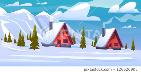 Mountain winter landscape with beautiful cozy houses and smoke from stove pipes. Cold season scenery. Snowy trees. Pine forest. Wooden homes. Village buildings. Vector panorama background Mountain winter landscape with beautiful cozy houses and smoke from stove pipes. Cold season scenery. Snowy trees. Pine forest. Wooden homes. Village buildings. Vector panorama background 126620903