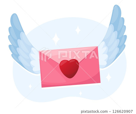 Pink paper envelope with angel wings and red heart. Valentine Day letter. Wedding mail. Cupid message. Send love postal card. Lovers correspondence. Amour communication. Vector concept 126620907