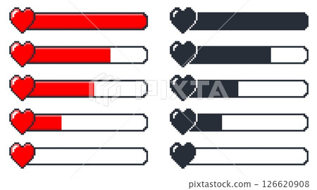 Pixel game lifebar in form of 8bit heart. Computer arcade UI. Playing indication chart. Gaming full or empty health progress bar. Pixelated infographic. Vector interface elements set 126620908
