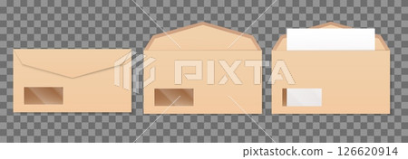 Realistic kraft paper envelopes with blank sheet inside. Business document send. Mail package mockup on transparent background. Correspondence delivery. Postal wrap. Vector 3D letters set Realistic kraft paper envelopes with blank sheet inside. Business document send. Mail package mockup on transparent background. Correspondence delivery. Postal wrap. Vector 3D letters set 126620914