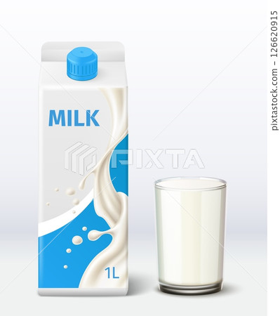 Realistic liter milk carton and full glass. Cardboard box. Closed packet. Dairy product. Drink yogurt. Lactose kefir. Calcium nutrition. Tetra pack for liquid. Vector 3D container mockup Realistic liter milk carton and full glass. Cardboard box. Closed packet. Dairy product. Drink yogurt. Lactose kefir. Calcium nutrition. Tetra pack for liquid. Vector 3D container mockup 126620915